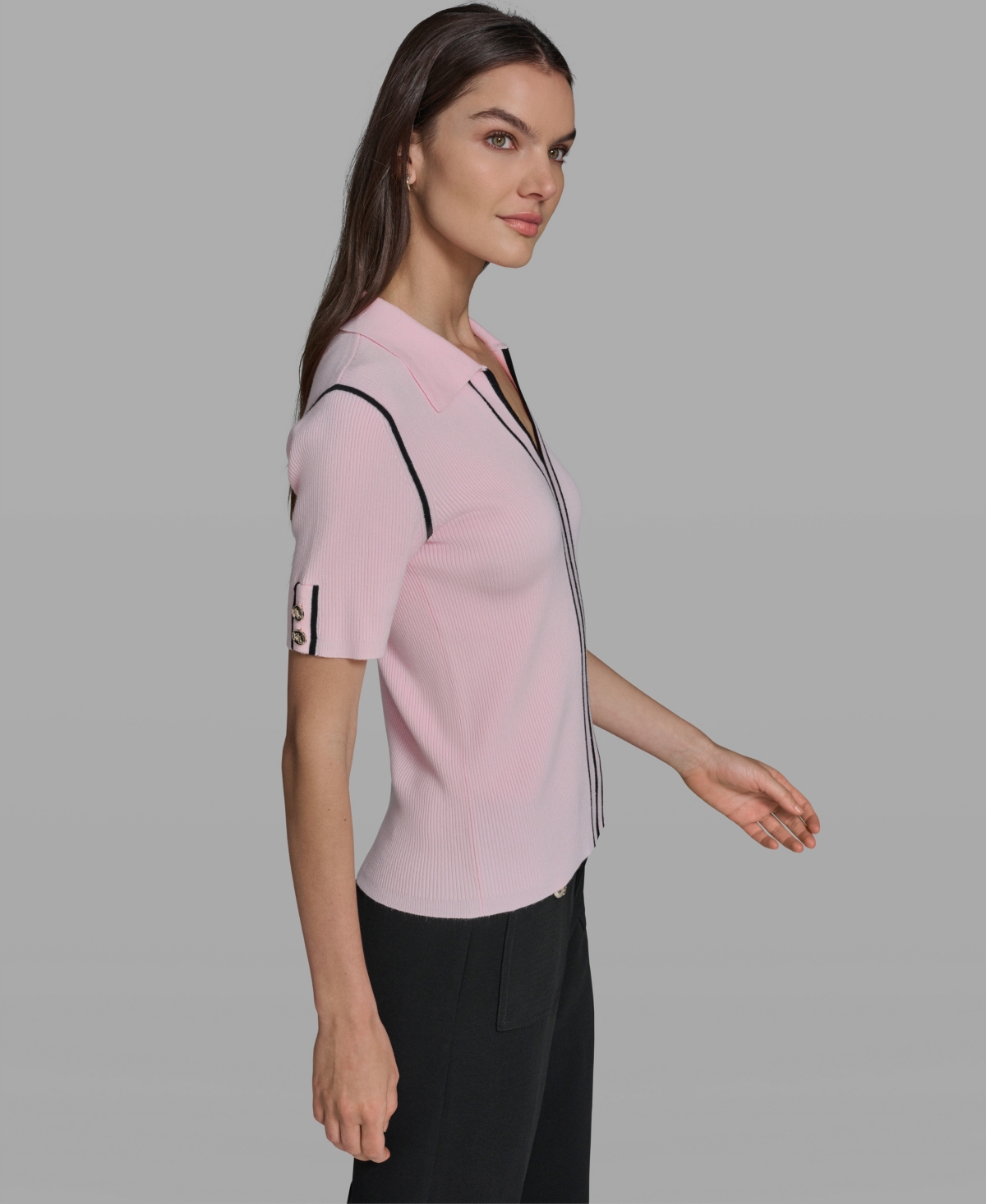 Karl Lagerfeld Paris Women's Short-Sleeve Johnny Collar Sweater