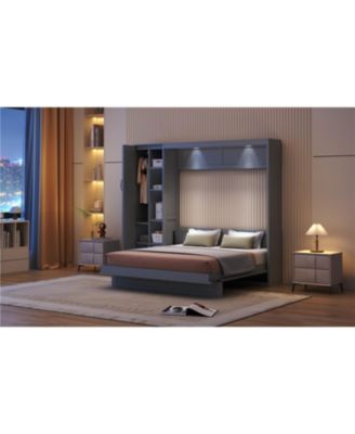  Queen Size Murphy Bed Wall Bed with Shelves, Wardrobe and LED Lights,Gray