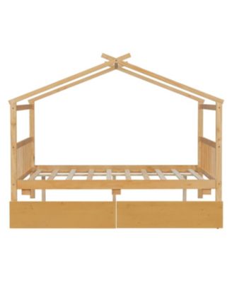 Full Size Wooden House Bed with Drawers, White