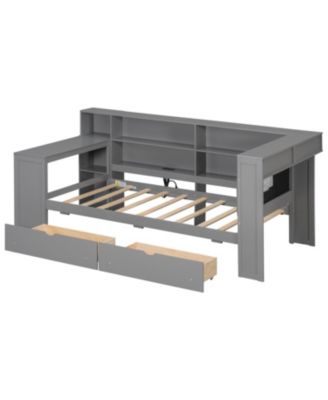 Twin Platform Bed w/ Storage, LED, Desk, Charging, Upholstered Headboard