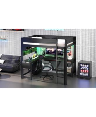 Full Size Black Gaming Loft Bed with Desk, LED Lights & Charging Station