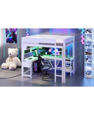 Full Size Black Gaming Loft Bed with Desk, LED Lights & Charging Station
