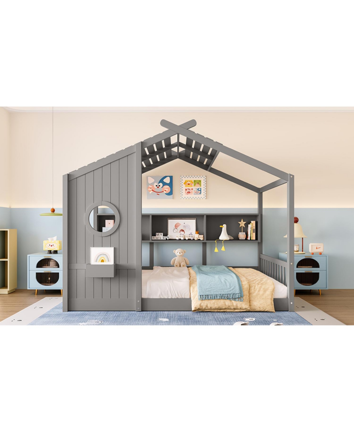 Streamdale Furniture Floor House Bed Toddler Kids Montessori w/ Shelf & Roof.