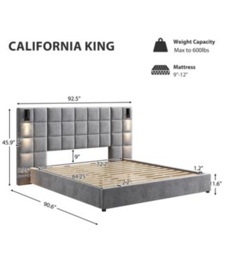 California King Upholstered Bed Frame, Sconce, USB, Velvet, Gray