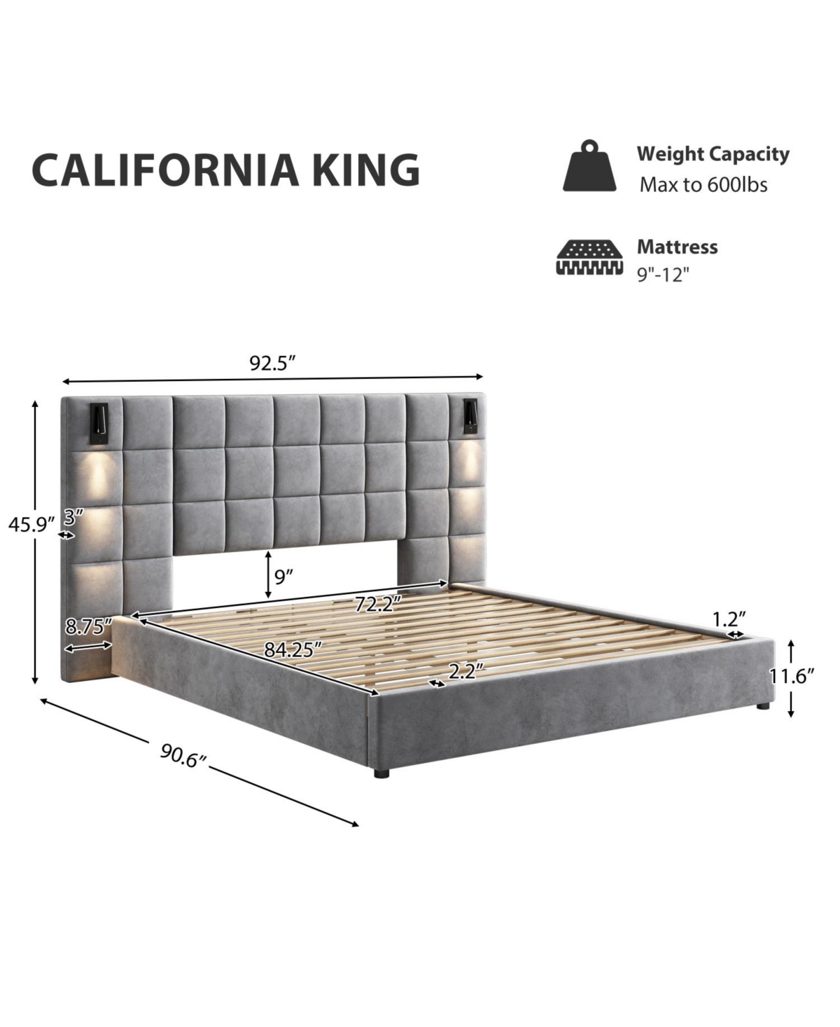 Streamdale Furniture California King Upholstered Bed Frame, Sconce, Usb, Velvet, Gray