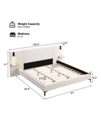Chic Boucle Upholstered Bed with Integrated Lights and Shelves, White, King