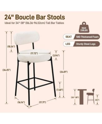 Bar Stools Set of 3, 24 Inches Modern Counter Height Bar Stools with Curved Back Metal Legs, Upholstered Tall Barstools