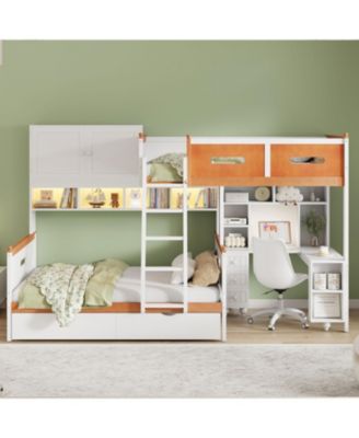 Twin Over Full Bunk Bed w/ Desk, Drawers, Shelves, Cabinet & LED Light
