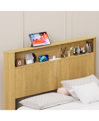 Streamdale Queen Bed Frame- Storage Headboard, Charging Station, Natural