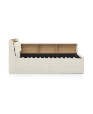 Twin Velvet Daybed- Storage Headboard, Wireless Charging, LED, Beige