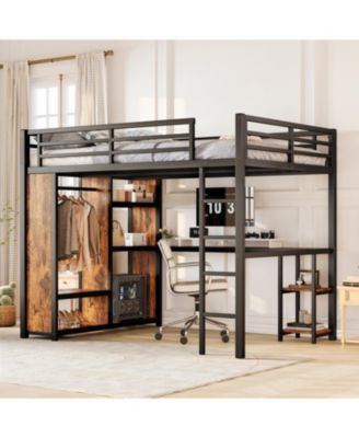 Queen Loft Bed Frame Wardrobe, Desk & Shelves - Woodgrain