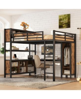  Queen Loft Bed with Wardrobe, Desk & Storage - Black Woodgrain