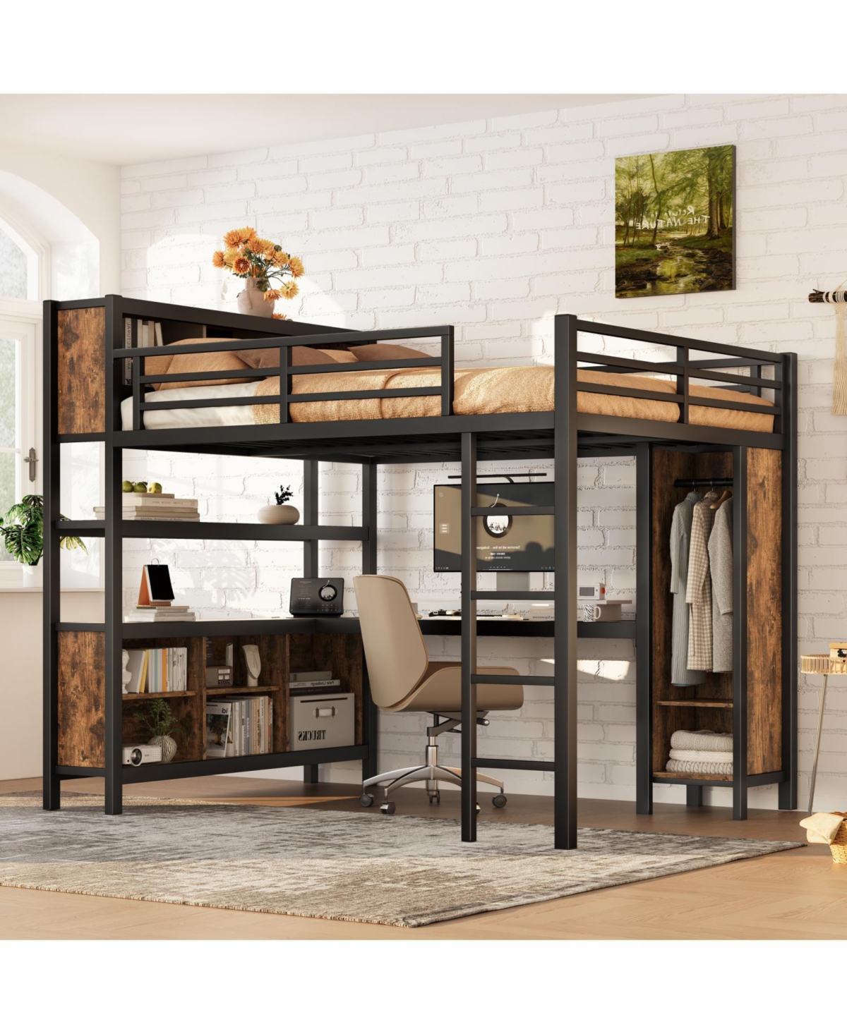 Streamdale Furniture Queen Loft Bed with Wardrobe, Desk & Storage - Black Woodgrain