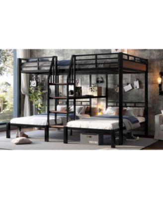 Queen/Twin/Twin Metal Bunk Bed w/ Storage - Black
