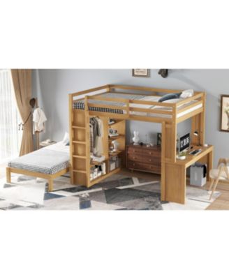 Queen over Twin Bunk Bed with Desk, Shelves & Wardrobe - Natural