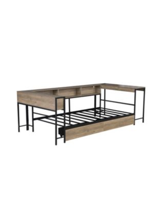  Corner Bed Frame Twin with Bookcase, Drawers, LED, Charging