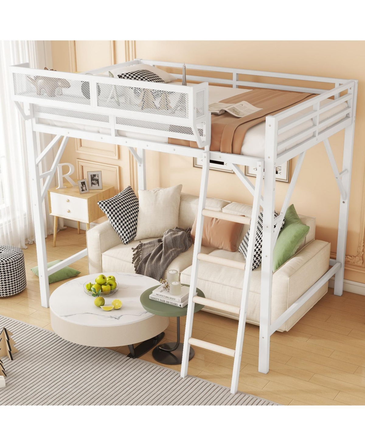Streamdale Furniture Queen Size Metal Loft Bed with Shelves & Ladder