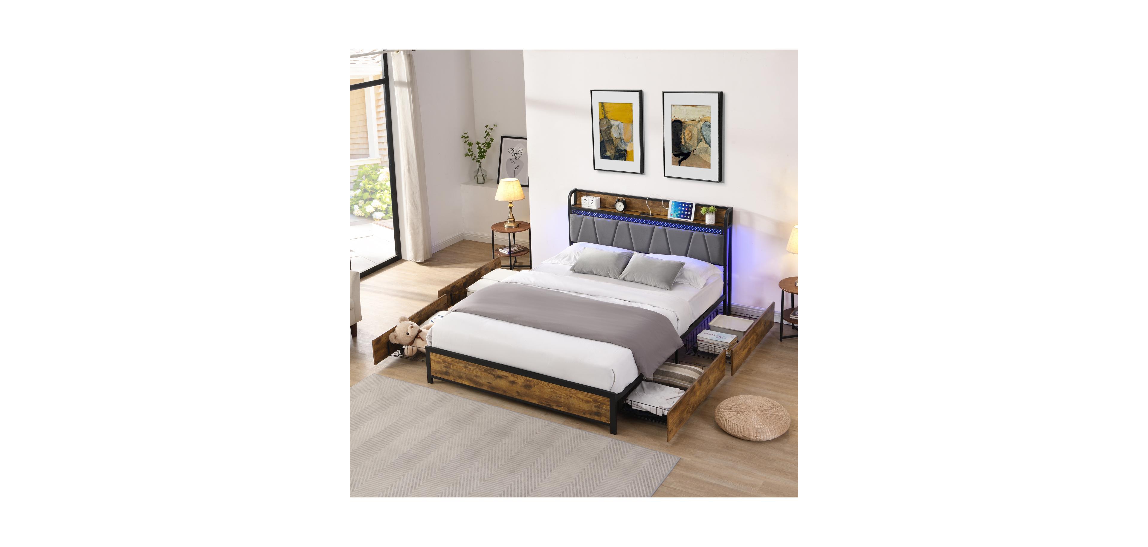 Streamdale Furniture Smart Bed Frame with Storage, Charging & Led