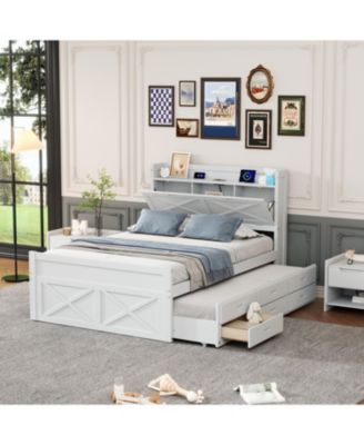 Full Size Wooden Storage Bed with Twin Trundle and Outlets