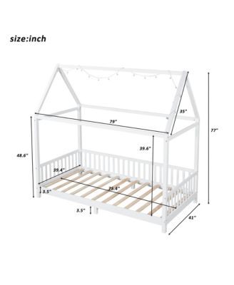 Wood Twin Size House Bed with Guardrail and LED