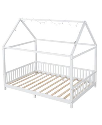 Streamdale Wood Full Size House Bed with Guardrail and LED, White