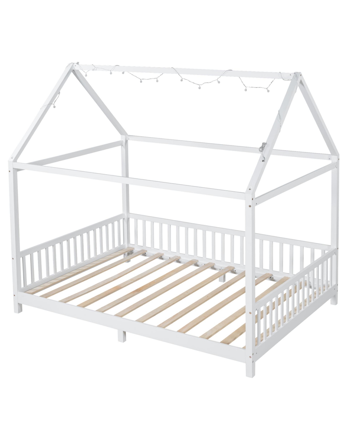Streamdale Wood Full Size House Bed with Guardrail and Led, White