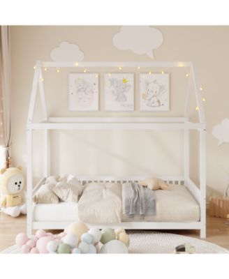 Streamdale Wood Full Size House Bed with Guardrail and LED, White