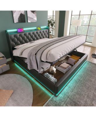 Modern Upholstered Bed with 360 LED, Storage, and USB-C Charging