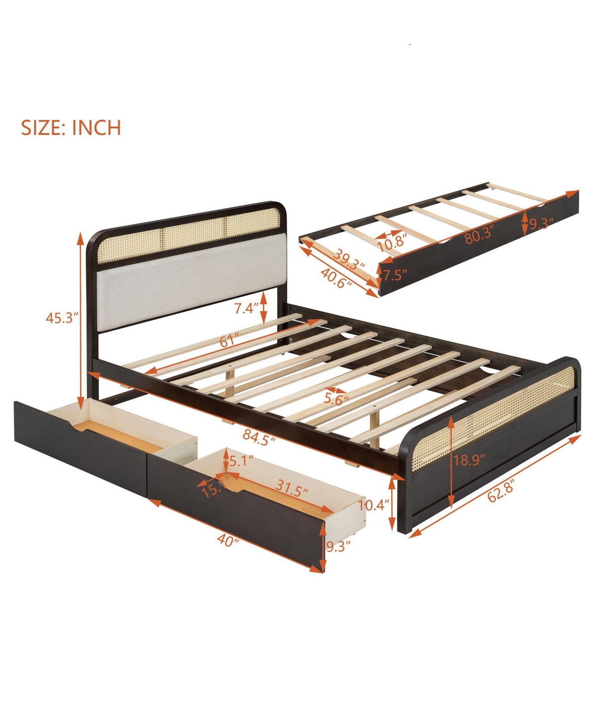 Streamdale Furniture Wooden Platform Bed with Trundle and 2 Drawers