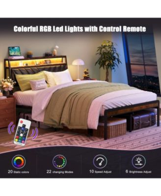 Platform Bed Frame with LED Headboard and Charging Station