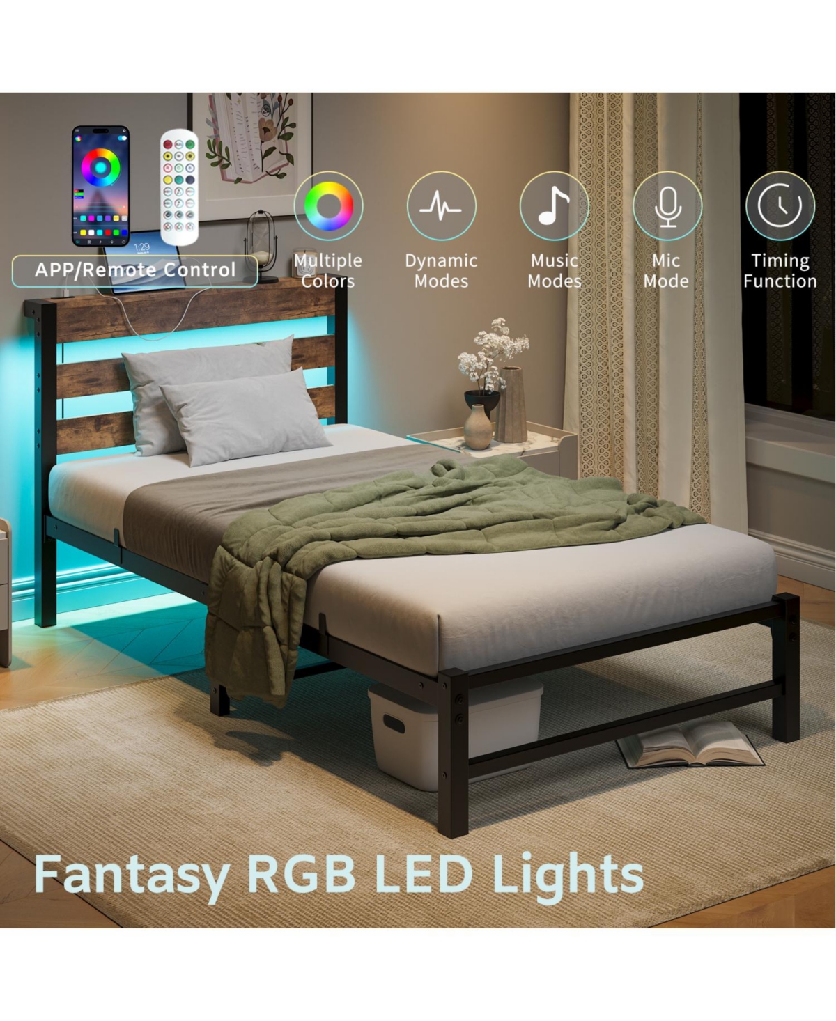 Streamdale Furniture Streamdale Twin Bed Frame with Headboard, Usb Charging, Led