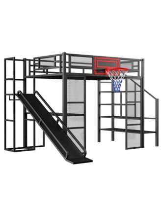Metal Loft Bed with Desk, Wardrobe, Slide & Stairs