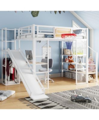 Metal Loft Bed with Desk, Wardrobe, Slide & Stairs
