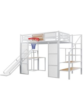 Metal Loft Bed with Desk, Wardrobe, Slide & Stairs