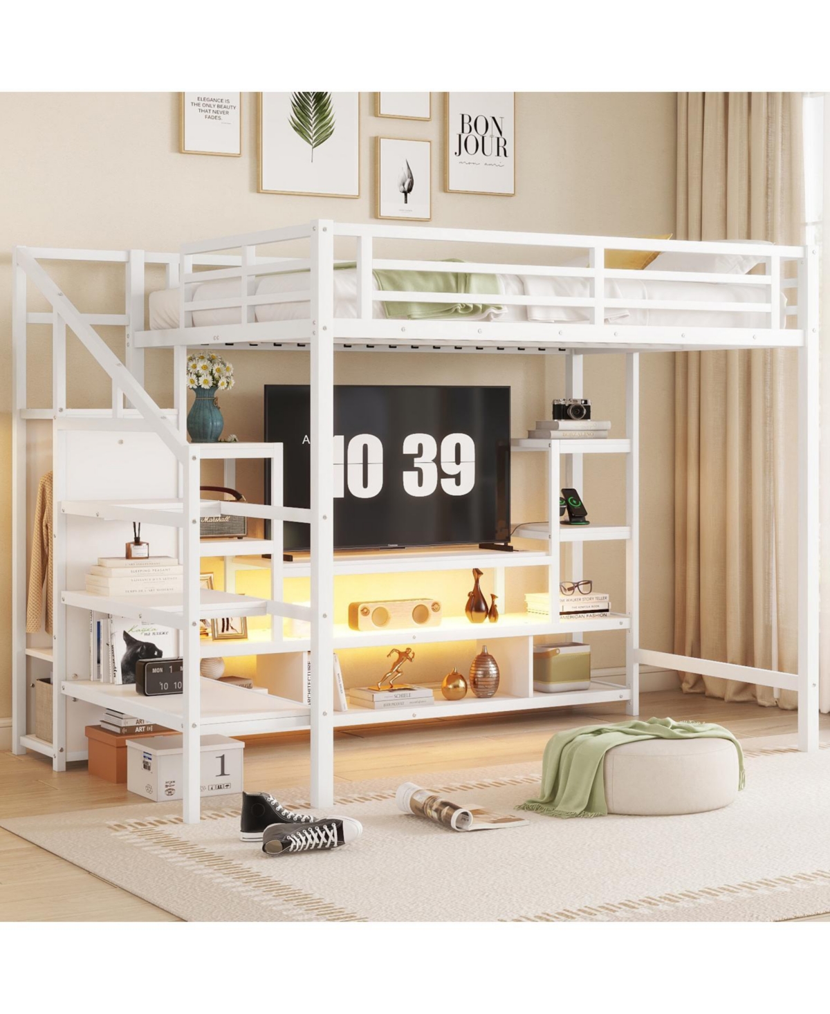 Streamdale Furniture Full Size White Metal Loft Bed with Staircase & Wardrobe