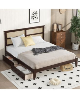 King Bed Rattan Headboard, Storage Drawers, Espresso
