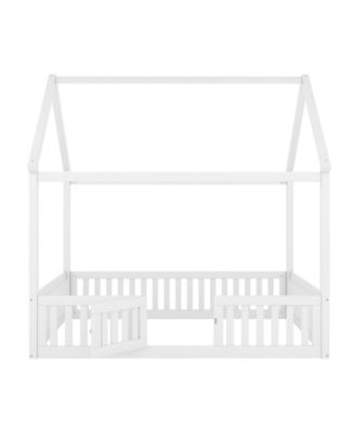 Full Size Wood House Bed with Fence and Door