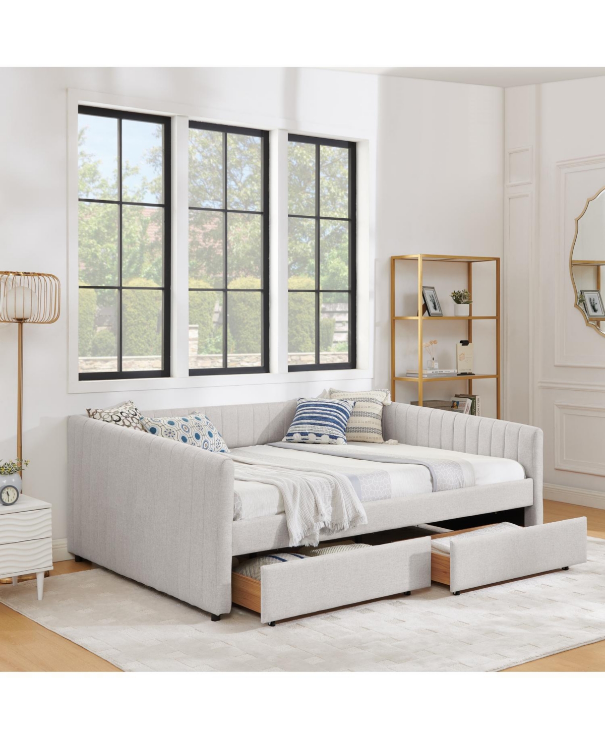 Streamdale Furniture Beige Linen Upholstered Daybed with Trundle