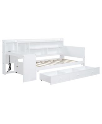  Twin Size Wooden Daybed With 3 Drawers, USB Ports and desk, White
