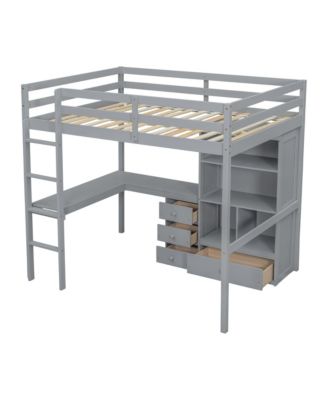 High Loft Bed with Desk, Storage, Ladder, Grey