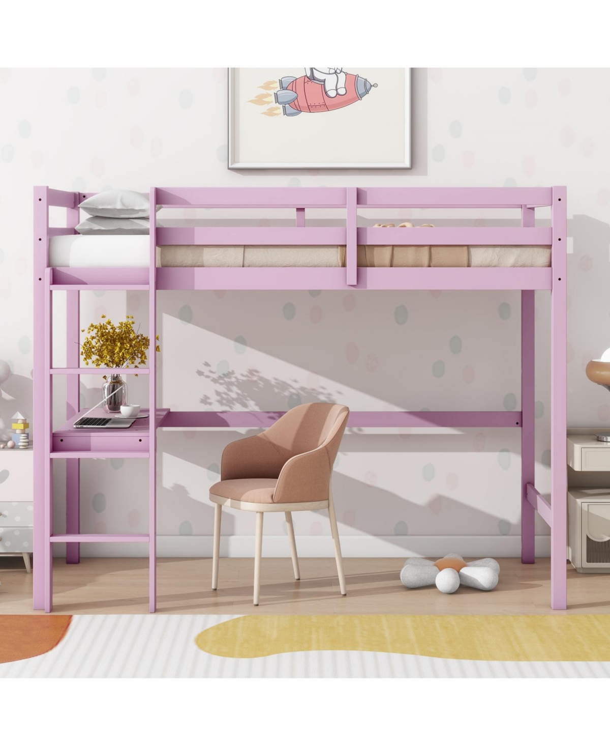 Streamdale Furniture Pink Twin Loft Bed with Desk & Guardrail