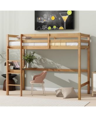 Twin Loft Bed with Desk and Guardrail, White Oak