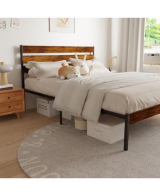 Iron Platform Bed Frame with Rustic Wood Headboard & Footboard (Queen Size) - Brown