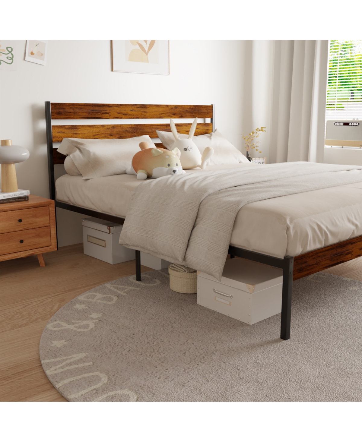 Streamdale Furniture Iron Platform Bed Frame with Rustic Wood Headboard & Footboard (Queen Size) - Brown