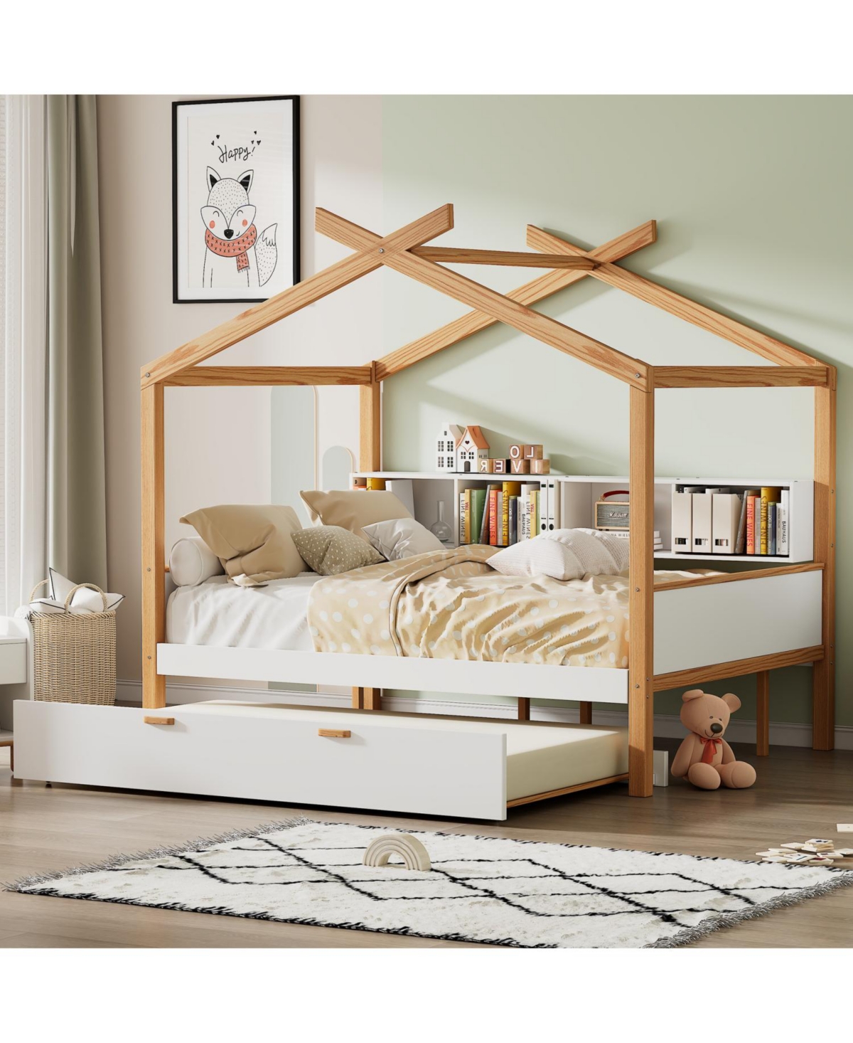 Streamdale Furniture Wooden House Bed with Trundle and Bookshelf