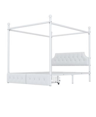 Queen Size Metal Canopy Platform Bed with Upholstered Headboard and Two Storage Drawers