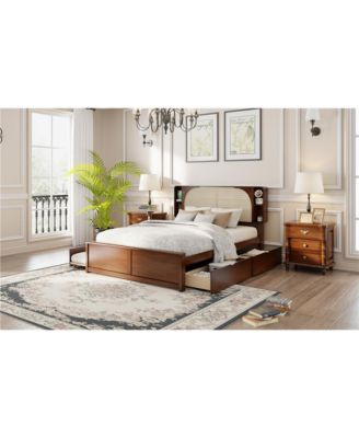 Queen Size Rattan Headboard Bed with Two Drawers and Trundle