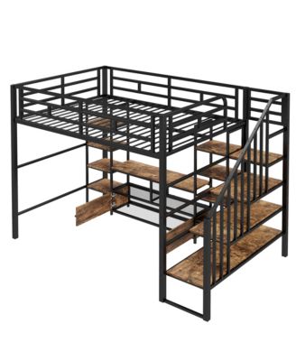Full Size Metal Loft Bed with Staircase,Low Storage Table and Storage