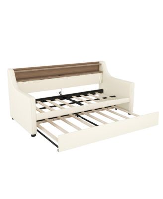 Twin Size Daybed with Trundle, Upholstered Daybed with Charging Station and LED Lights