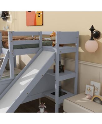 Twin over Full Bunk Bed with 2 Drawers, Slide, Shelves, Ladder, Rubber Wood Bunk Bed with Slide, Drawers